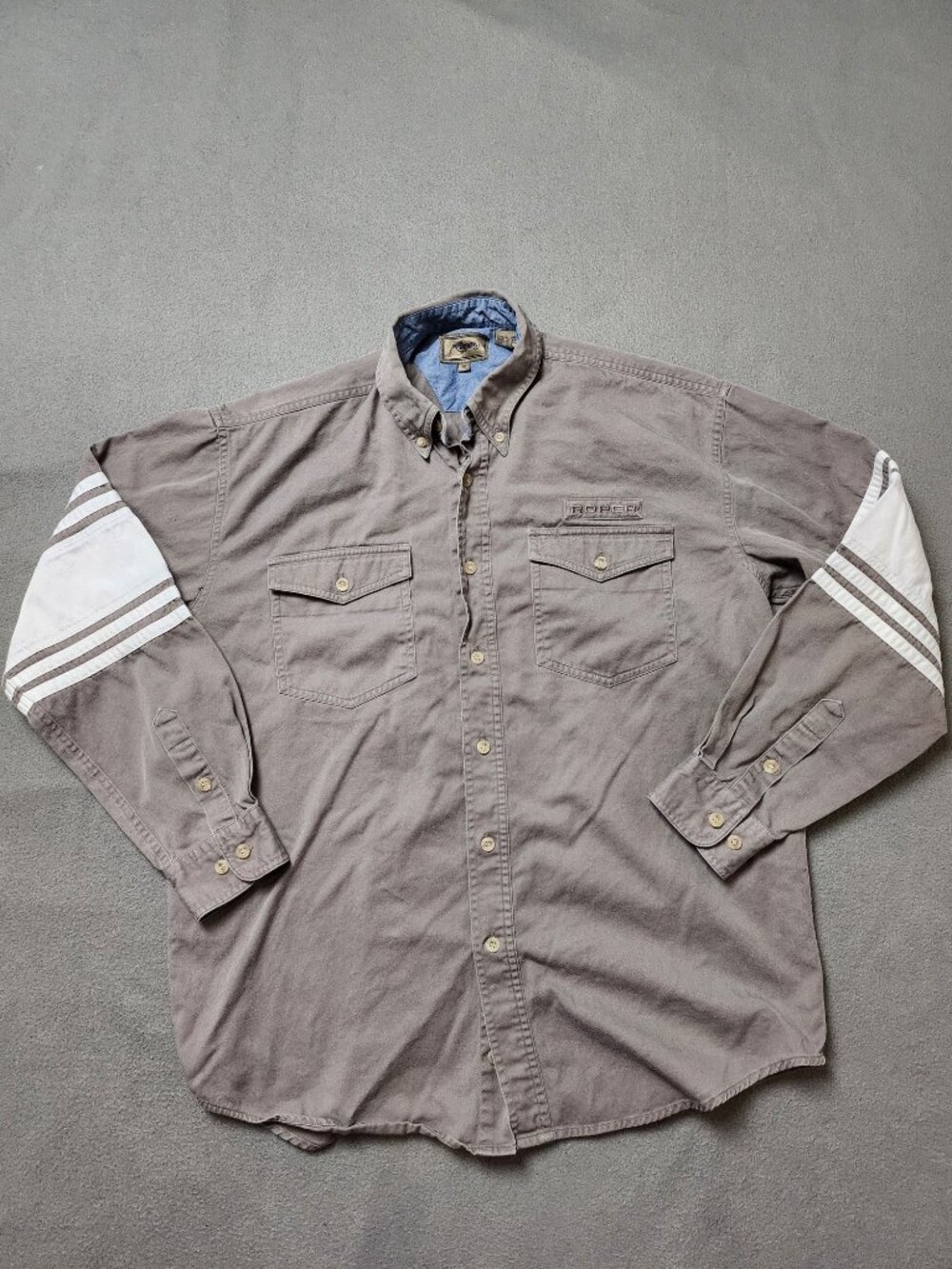 Vintage 90s Roper Western Button Down Shirt Mens M Grey Stripe Sleeve Cotton